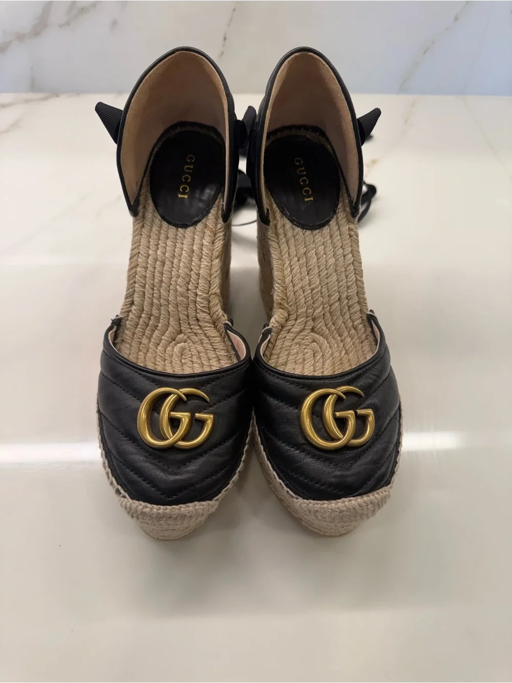 Gucci Black Leather Espadrille Wedges with Gold Double G
